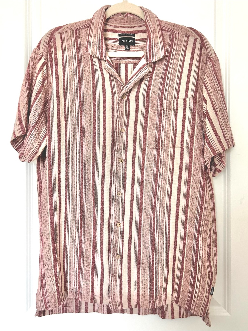 Brixton Mens M Burgundy Striped Short Sleeve Button Down Shirt EUC